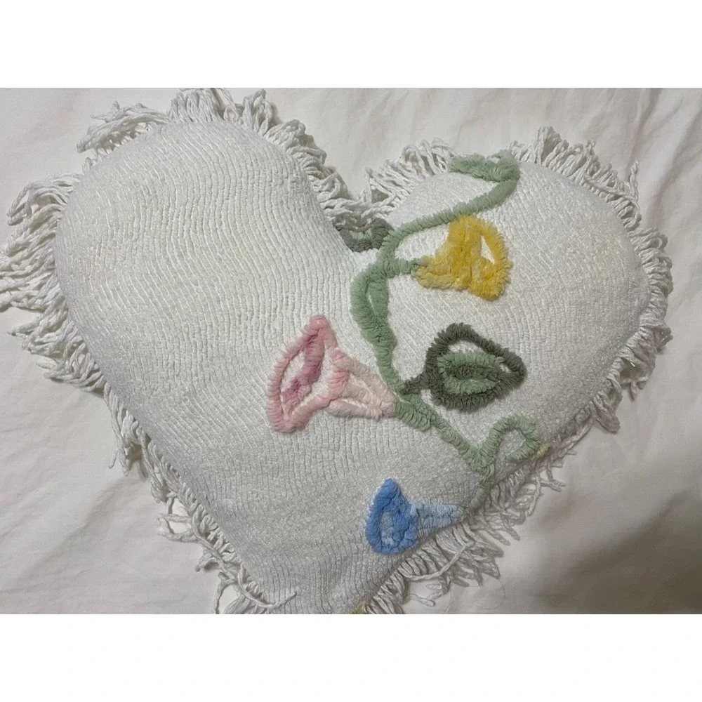Chenille Heart Pillow Vintage Look Chenille Flowers Fringe Shabby Cottage Granny